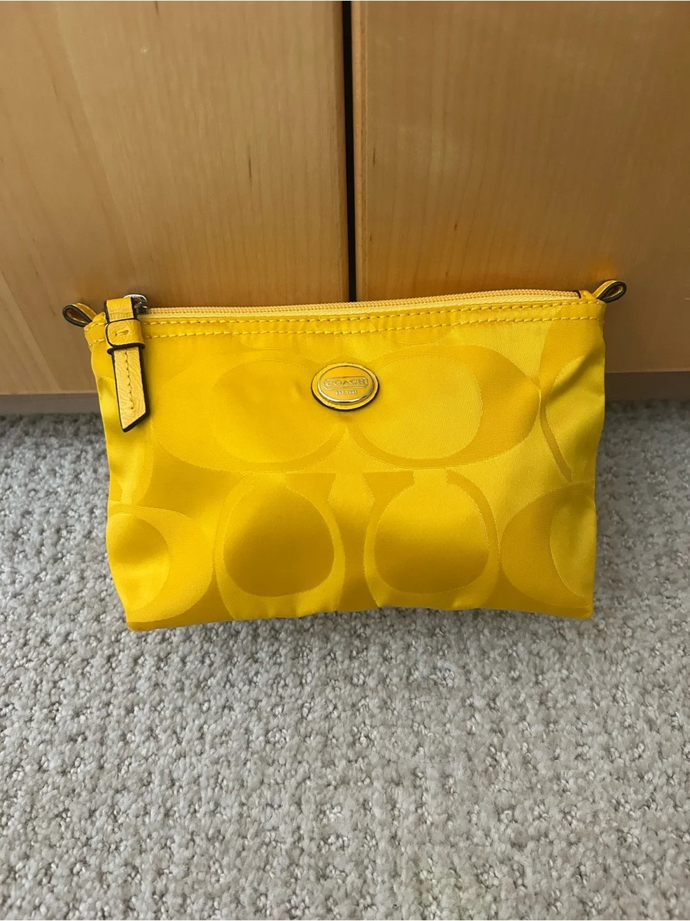 Coach Satin Signature Zip Pouch in Bright Yellow